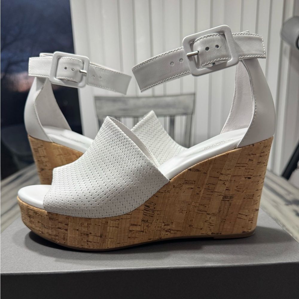 Nero Giardini Loira Bianco Textured Leather Platform Cork Ankle Strap Wedges - Picture 10 of 12